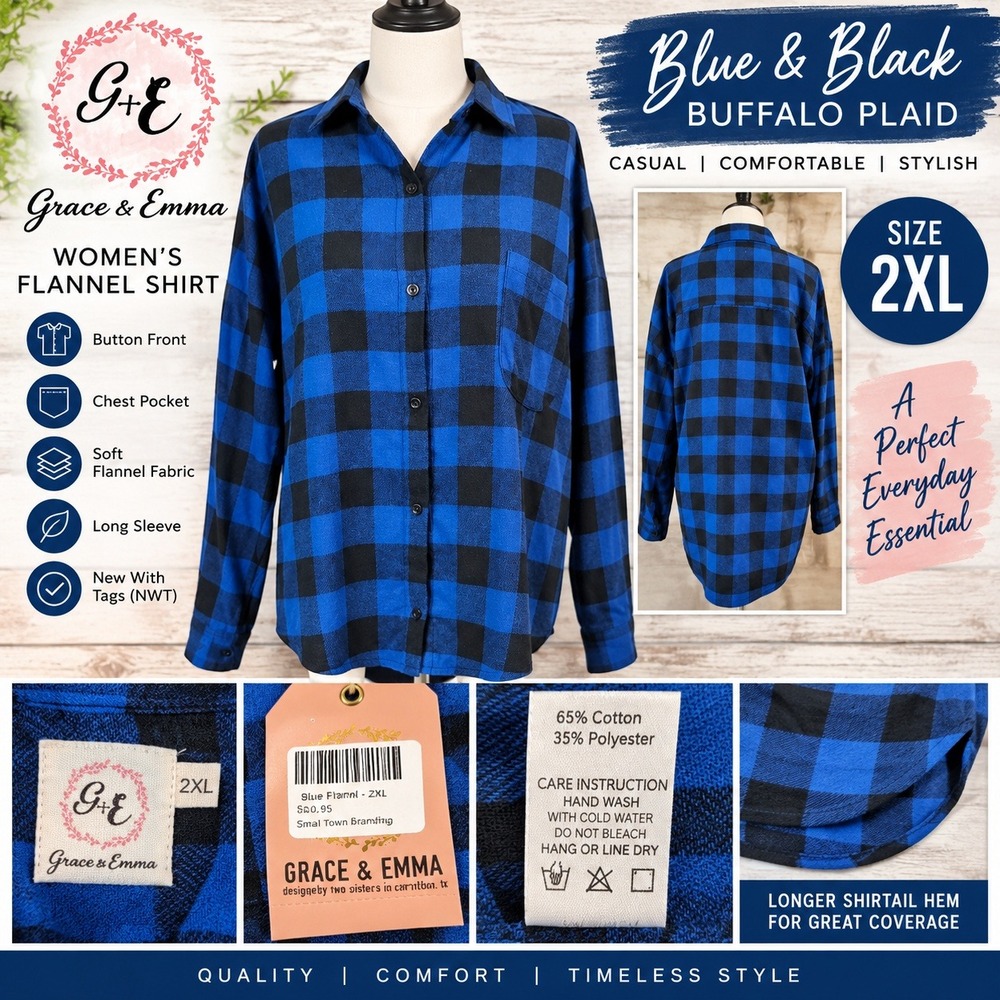Grace & Emma Womens Blue Black Buffalo Plaid Flannel Shirt 2XL 5020-BLU NWT